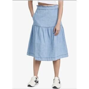 Madewell Women's Denim Pull-On Midi Skirt Blue Normandie Ruffle Waist Sz M NWT